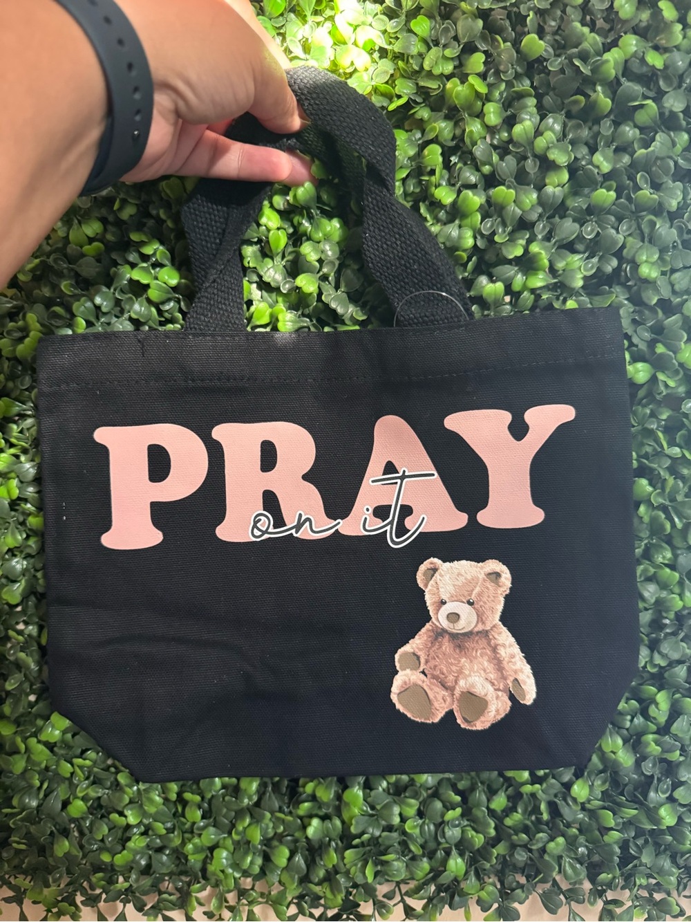 PRAY On It Black Tote with Pink Lettering & Teddy Bear